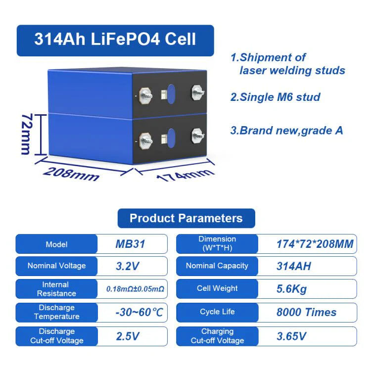 LiFePO4 Battery 3.2V 314Ah Grade A EVE MB31 🔋 High Performance